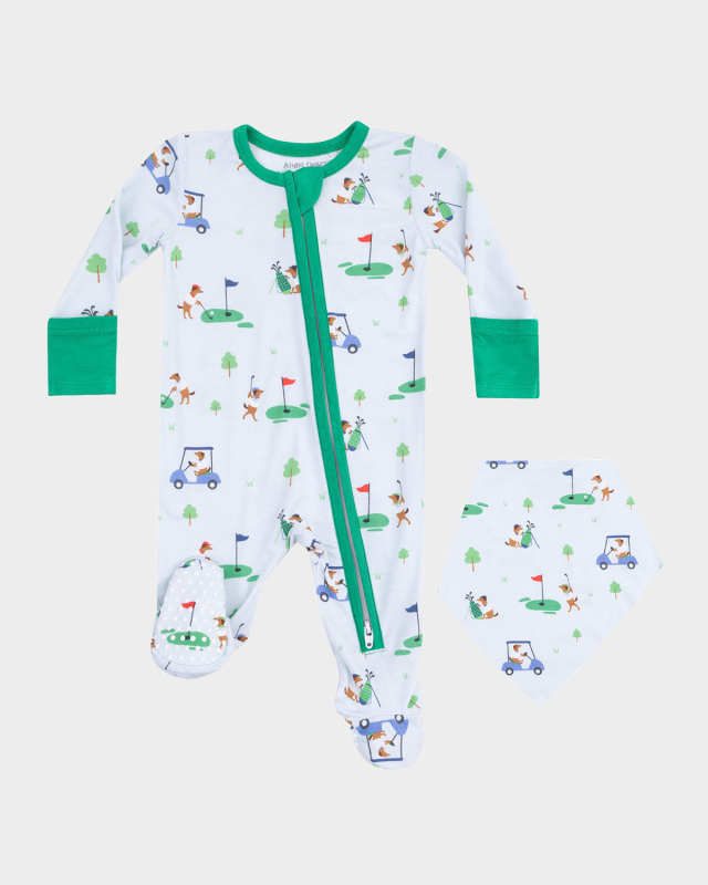 Boy's Dog Gone Golf 2-Way Zip Footie and Bib Set, Size Newbor